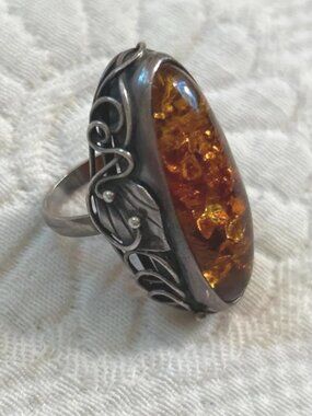 Vintage large sterling Baltic Amber ring size 8